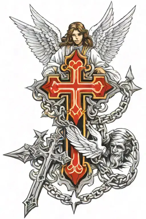 angel, family, war, cross with chain tattoo design idea