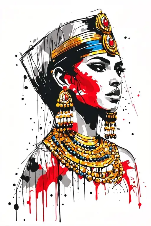 sketch in graphic style. cleopatra, decorated with gold and beads. position of the face front. expressive eyes. straight hair tattoo design idea