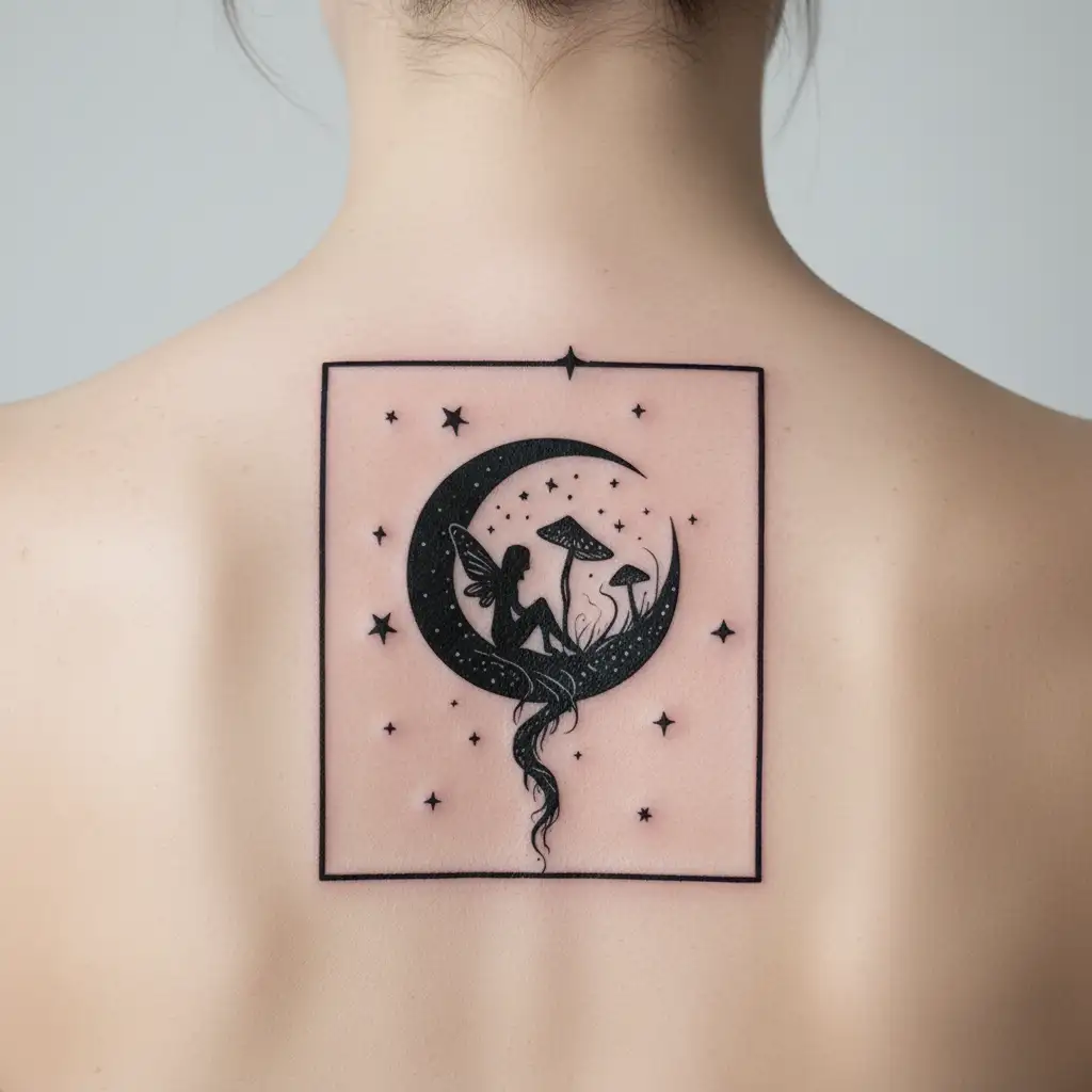  shadow fairy sitting on long twisted mushrooms inside the moon among stars tattoo design idea