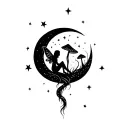  shadow fairy sitting on long twisted mushrooms inside the moon among stars tattoo design idea