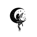  shadow fairy sitting on long twisted mushrooms inside the moon among stars tattoo design idea