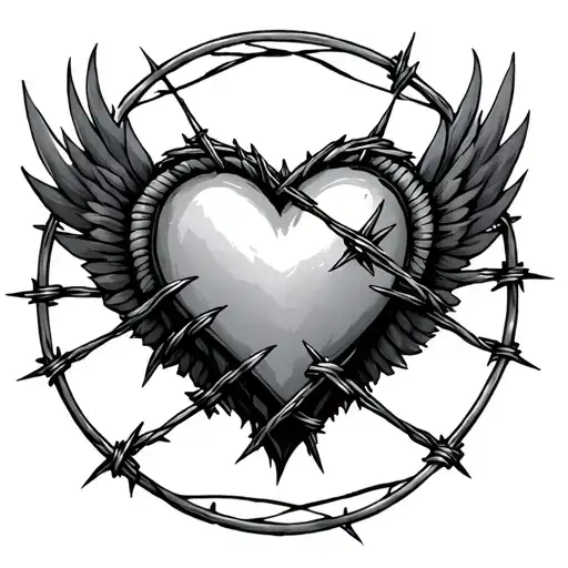 can you create a image with barbed wire in the round and between this an heart with flighs tattoo design idea