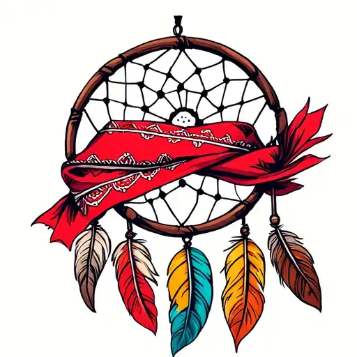 red bandana wrapped around a dream catcher tattoo design idea