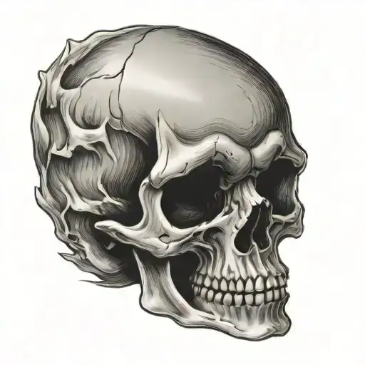 a sad skull looking depressed head tilted down view from an angle tattoo design idea