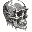 a sad skull looking depressed head tilted down view from an angle tattoo design idea