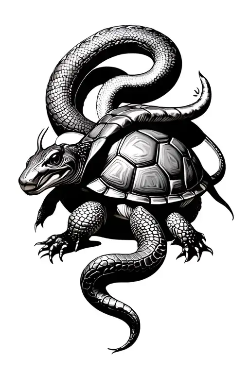 tortoise with snake as a tail tattoo design idea