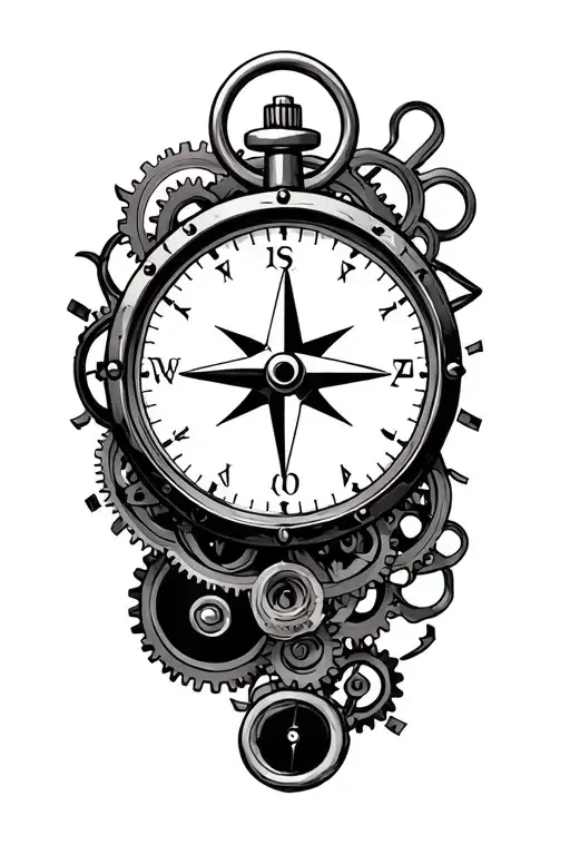 north direction symbol, compass, pocketwatch, gears meshing tattoo design idea