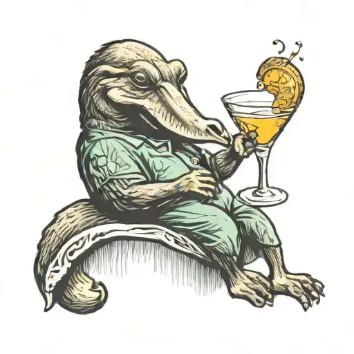 A platypus sipping a martini under a crescent moon tattoo design idea