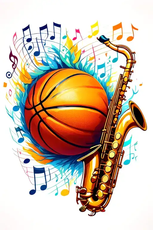 basketball and saxophone surrounded my music notes tattoo design idea