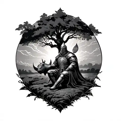 templar knight sitting by a tree with a rhino blended in. a dark scene with lightening and clouds tattoo design idea