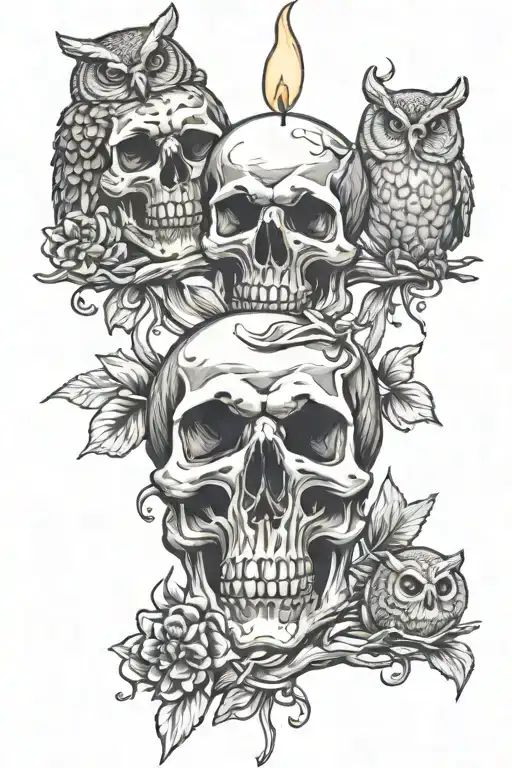 skulls, owls, candles burning tattoo design idea