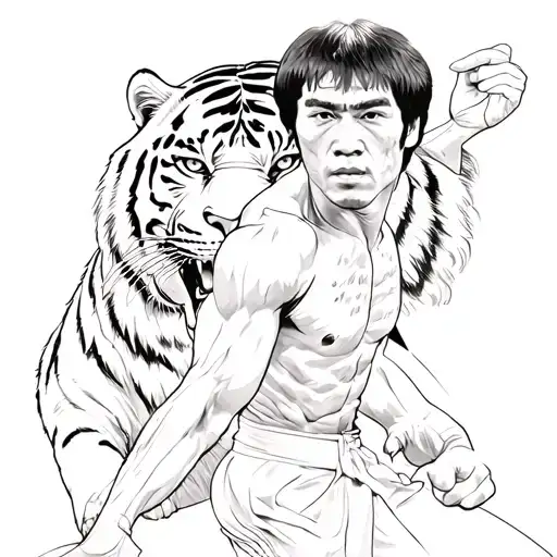 Bruce Lee's doing his iconic poses with a roaring tiger behind him tattoo design idea