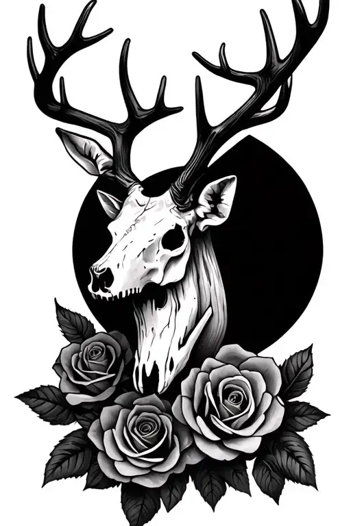 deer skull with roses behind antlers tattoo design idea