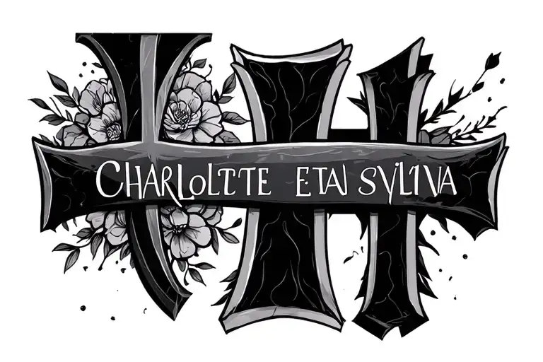 names charlotte, ethan and sylvia with cross  tattoo design idea