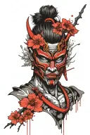japanese samurai hanya oni mask surrounded with sakura tree and flowers tattoo design idea