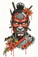 japanese samurai hanya oni mask surrounded with sakura tree and flowers tattoo design idea