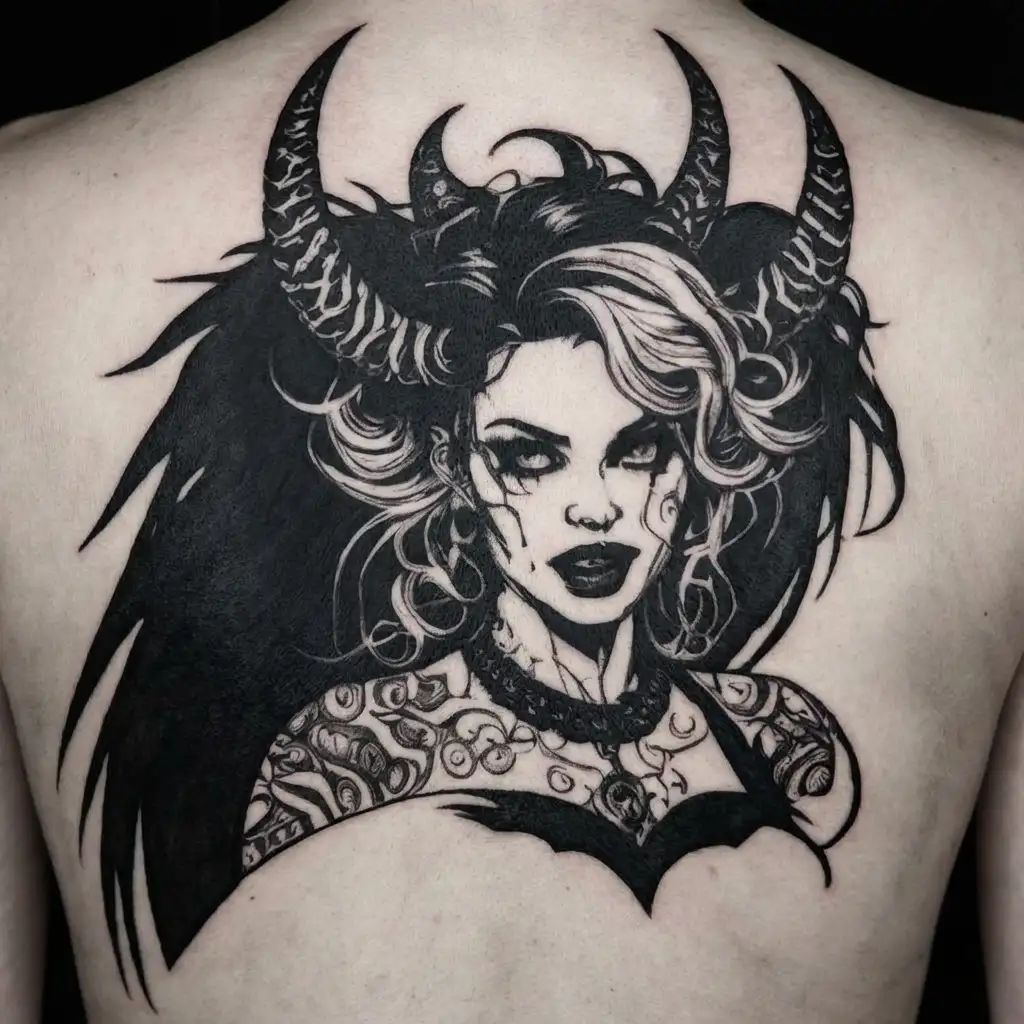 Sexy Pale Girl, petite, big boobs, wide hips, G-String. Messy hair, demonic horns, sexual. Seductive smile tattoo design idea