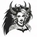 Sexy Pale Girl, petite, big boobs, wide hips, G-String. Messy hair, demonic horns, sexual. Seductive smile tattoo design idea