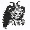 Sexy Pale Girl, petite, big boobs, wide hips, G-String. Messy hair, demonic horns, sexual. Seductive smile tattoo design idea