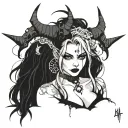 Sexy Pale Girl, petite, big boobs, wide hips, G-String. Messy hair, demonic horns, sexual. Seductive smile tattoo design idea