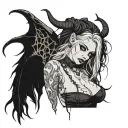 Sexy Pale Girl, petite, big boobs, wide hips, G-String. Messy hair, demonic horns, sexual. Seductive smile tattoo design idea