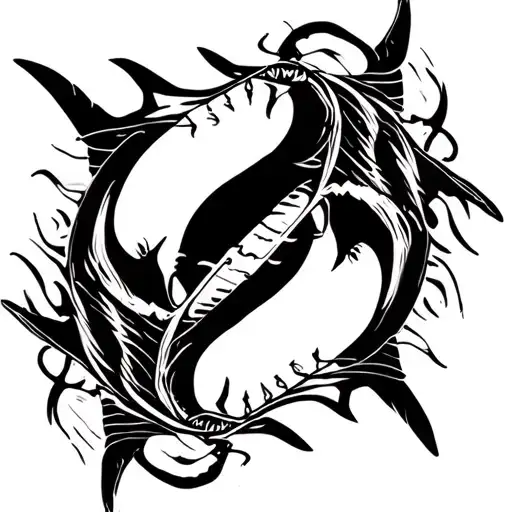 Sharks in a yin and yang formation with them being semi realistic and from a birds eye pov tattoo design idea
