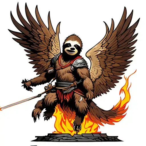 A warrior sloth riding into battle on a phoenix rising from the ashes tattoo design idea