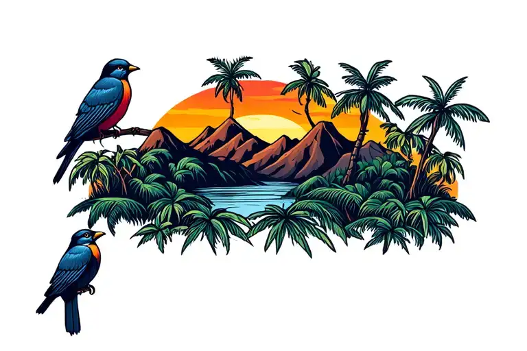 jungle mountain sunset birds tattoo design idea