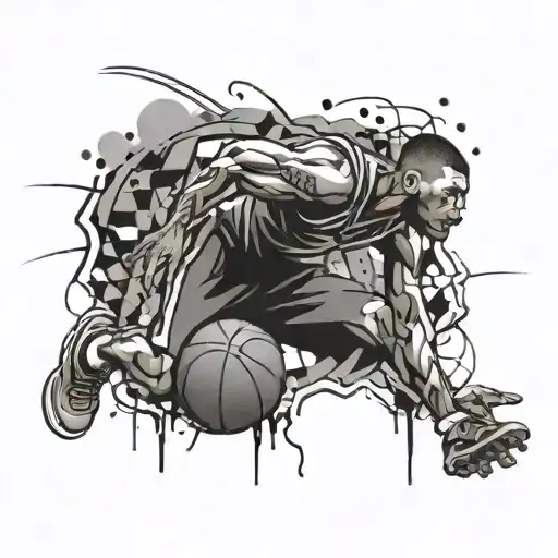 A dynamic composition featuring a basketball player in action, surrounded by abstract graffiti patterns and hippos peeking out from the background tattoo design idea
