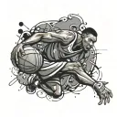 A dynamic composition featuring a basketball player in action, surrounded by abstract graffiti patterns and hippos peeking out from the background tattoo design idea