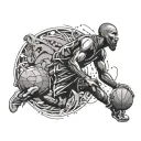 A dynamic composition featuring a basketball player in action, surrounded by abstract graffiti patterns and hippos peeking out from the background tattoo design idea