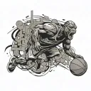 A dynamic composition featuring a basketball player in action, surrounded by abstract graffiti patterns and hippos peeking out from the background tattoo design idea