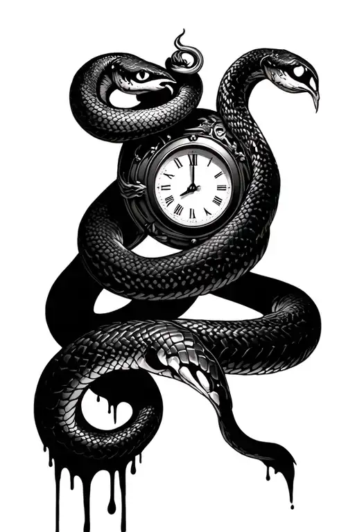 a woman with white eyes snake wrapped around her hand with a old melting clock for the back ground  tattoo design idea