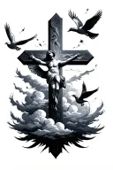 the three crosses with clouds and doves flying tattoo design idea