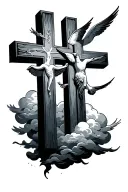 the three crosses with clouds and doves flying tattoo design idea