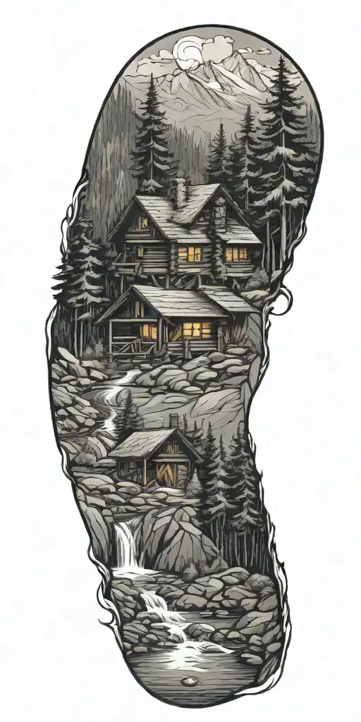 A detailed log cabin in the mountains surrounded by pine trees and a flowing river with hiking trail. tattoo design idea