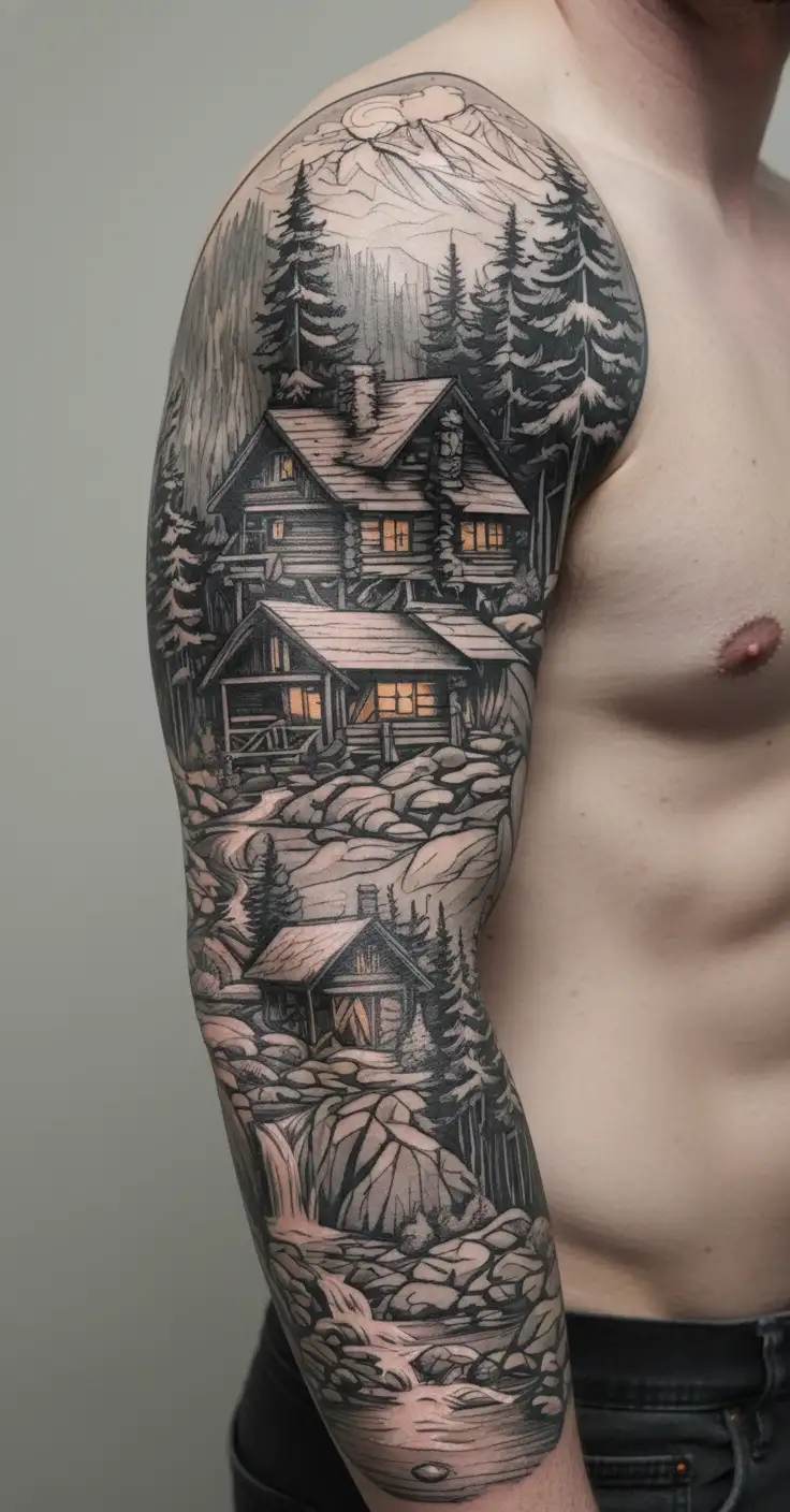 A detailed log cabin in the mountains surrounded by pine trees and a flowing river with hiking trail. tattoo design idea