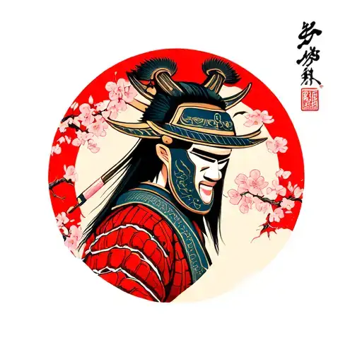 Samurai, obi mask, sakura tree tattoo design idea