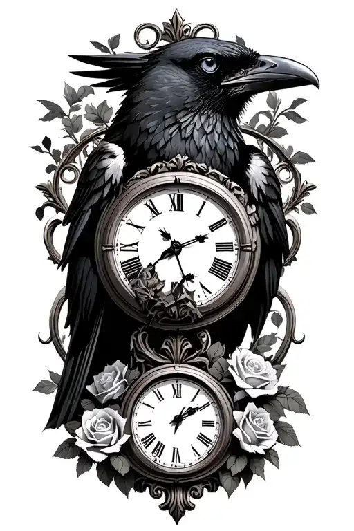 Raven facing left in front of an ornate clock with roses at the base tattoo design idea