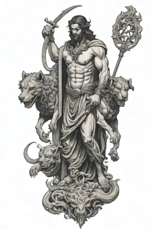 hades holding cerberus + hell + tattoo design idea