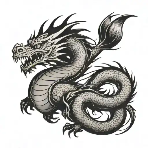 minimalist dragon with blurry writing tattoo design idea