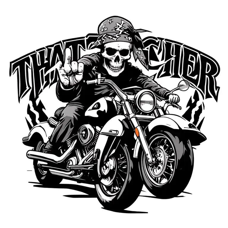 "THATCHER" crazy skeleton riding harley wearing bandana with lightning bolts flipping middle finger at us tattoo design idea
