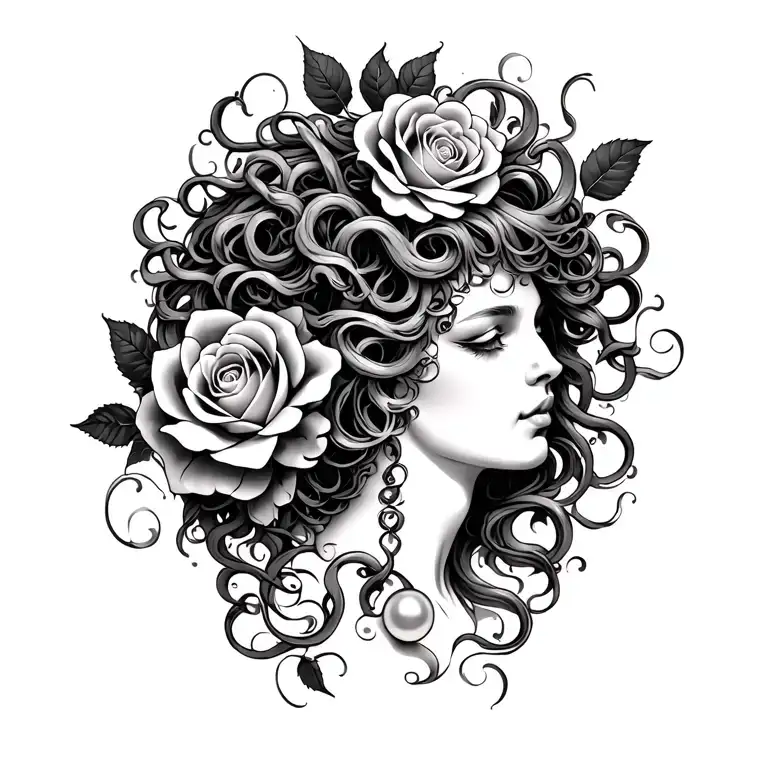 Medusa with pearl n roses tattoo design idea