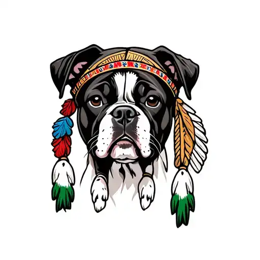 boxer puppy face with Indian head dress tattoo design idea