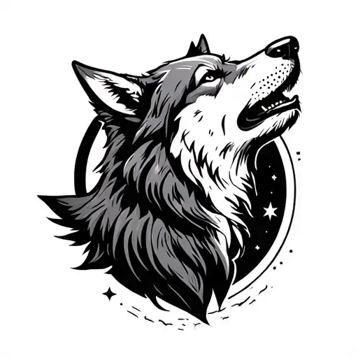 small wolf howling at moon rising in an outline star wars rebellion logo tattoo design idea