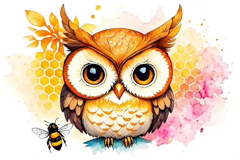 owl, honeycomb, and bees tattoo design idea