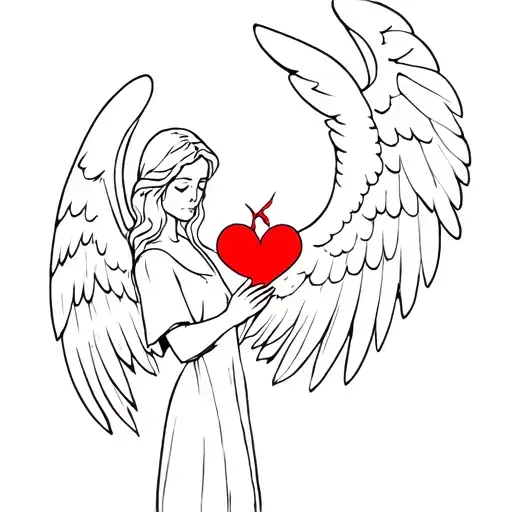 sad angel holding a broken heart with no shading only line work  tattoo design idea