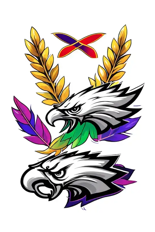 Philadelphia Eagles logo with golden laurel leaves, and new orleans style purple, red, lime green, and gold feathers tattoo design idea