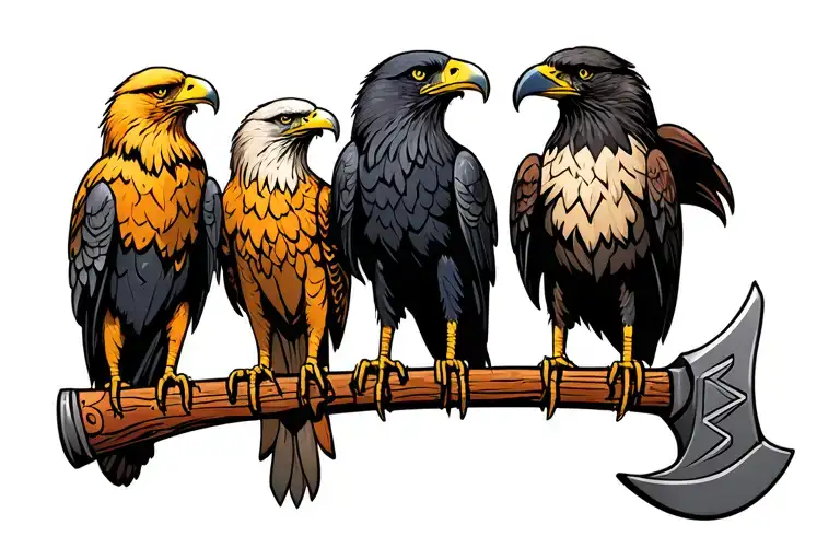three birds sitting on horizontal viking axe. Birds are golden eagle, bald eagle, raven. Nordic tattoo design idea
