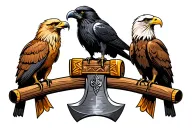 three birds sitting on horizontal viking axe. Birds are golden eagle, bald eagle, raven. Nordic tattoo design idea